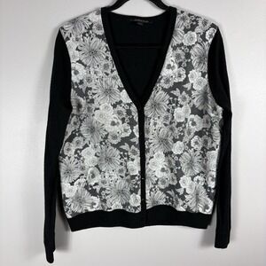 Brooks Brothers Women's‎ Large Black White Floral 100% Wool Cardigan Sweater